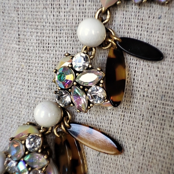 J. Crew Oxidized Brass Tone Art Deco Clear AB Faux Tortoise Statement Necklace - Picture 4 of 11